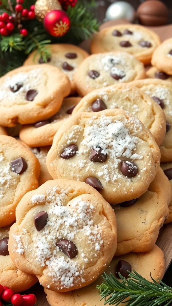 A platter of golden brown sourdough Christmas cookies with chocolate chips, dusted with powdered sugar, surrounded by holiday decorations.
